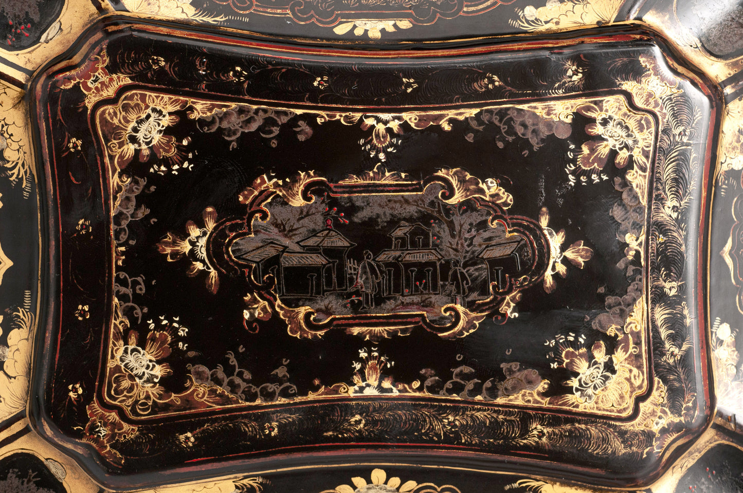Chinese Antique Tea Caddy Black Lacquer & Gold with Decorative Lead Interior (Code 2320)