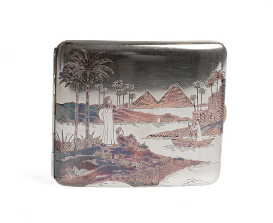 Egyptian Silver Damascene Copper Antique Cigarette Case with Pyramids & Camels (Code 2328)