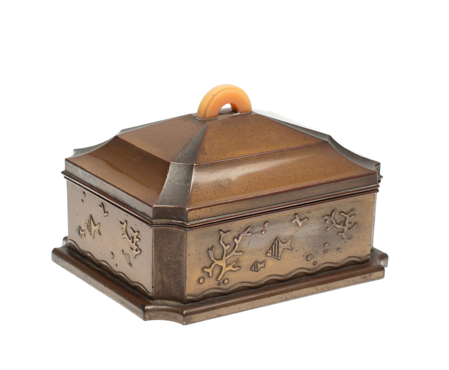 Japanese Art Deco Antimony Wear Cigarette Box with Fish & Stylised Design c1930 (Code 2380)