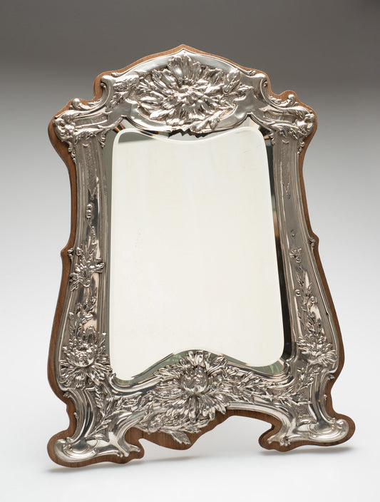 Antique Art Nouveau Silver Dressing Table Mirror - Easel Back & Oak Frame 1906 (Code 2392)