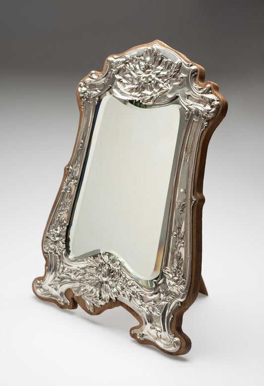 Antique Art Nouveau Silver Dressing Table Mirror - Easel Back & Oak Frame 1906 (Code 2392)
