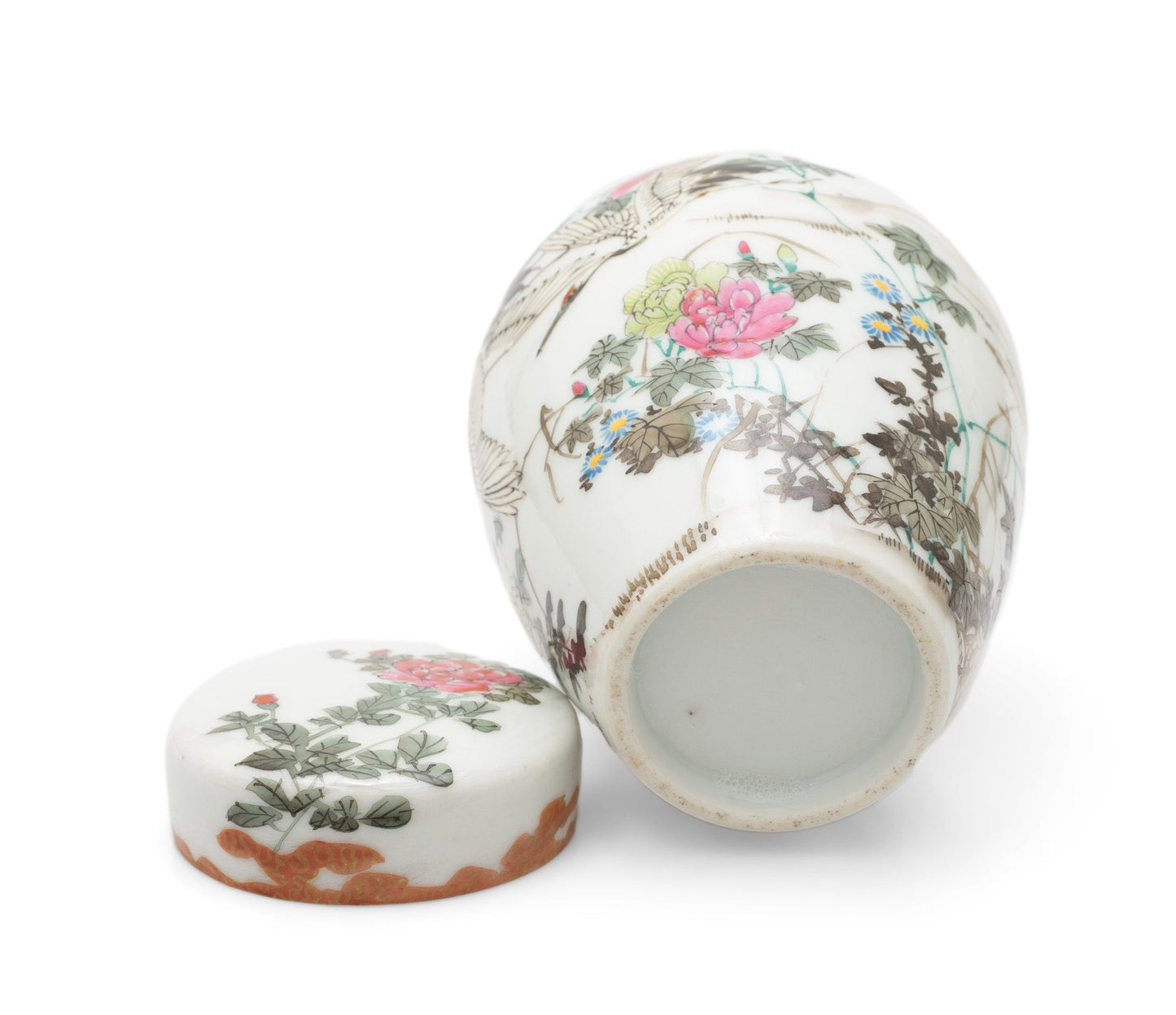 Antique Japanese Kutani Porcelain Flying Cranes Jar with Lid & Floral Designs (Code 2460)