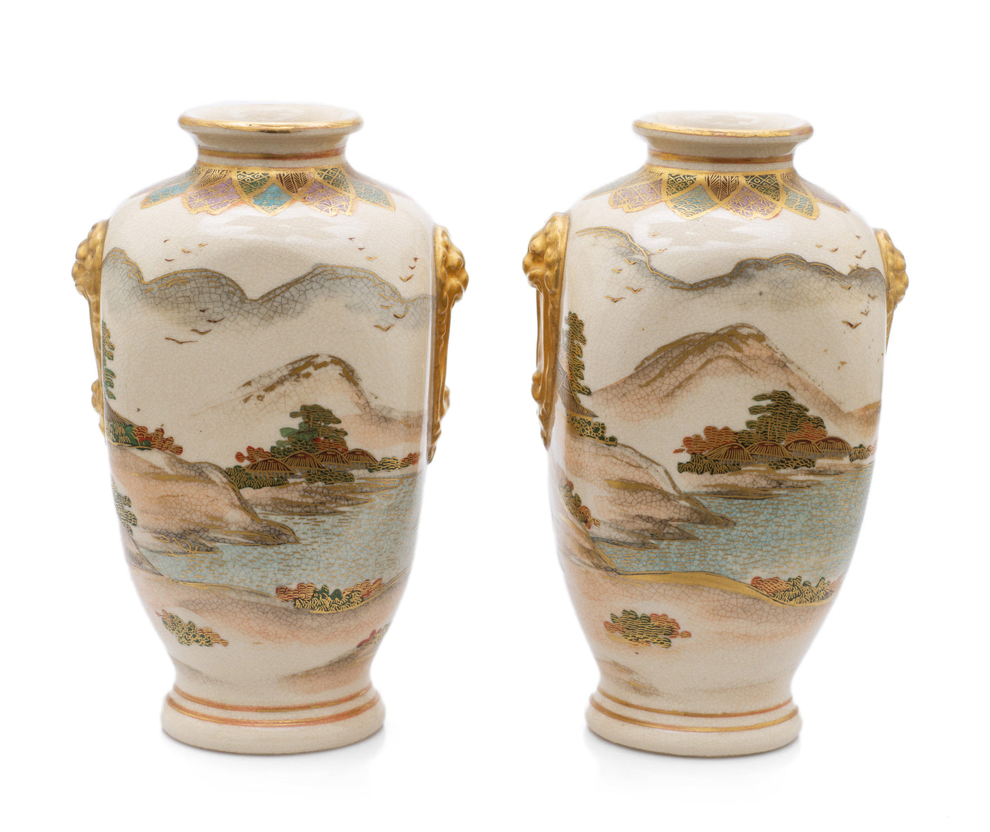 Pair Antique Satsuma Ware Pottery Vases by Hakusan - Japanese Meiji c1880 (Code 2473)