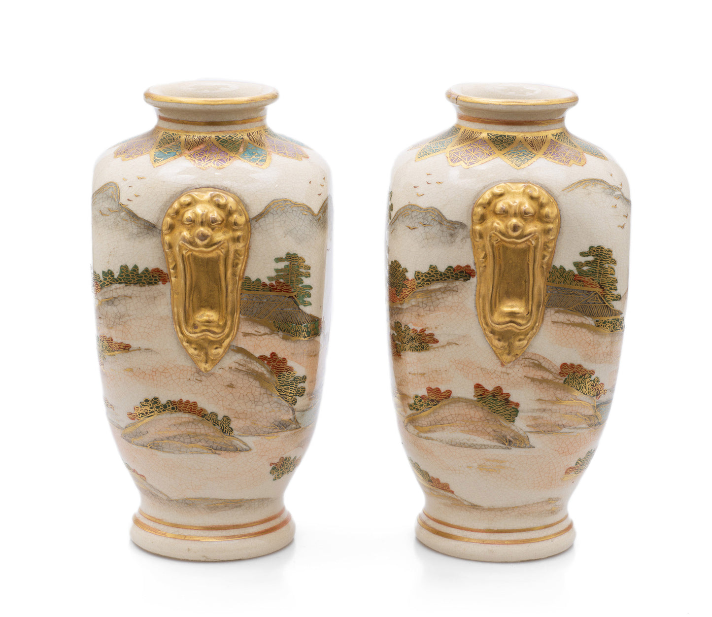 Pair Antique Satsuma Ware Pottery Vases by Hakusan - Japanese Meiji c1880 (Code 2473)