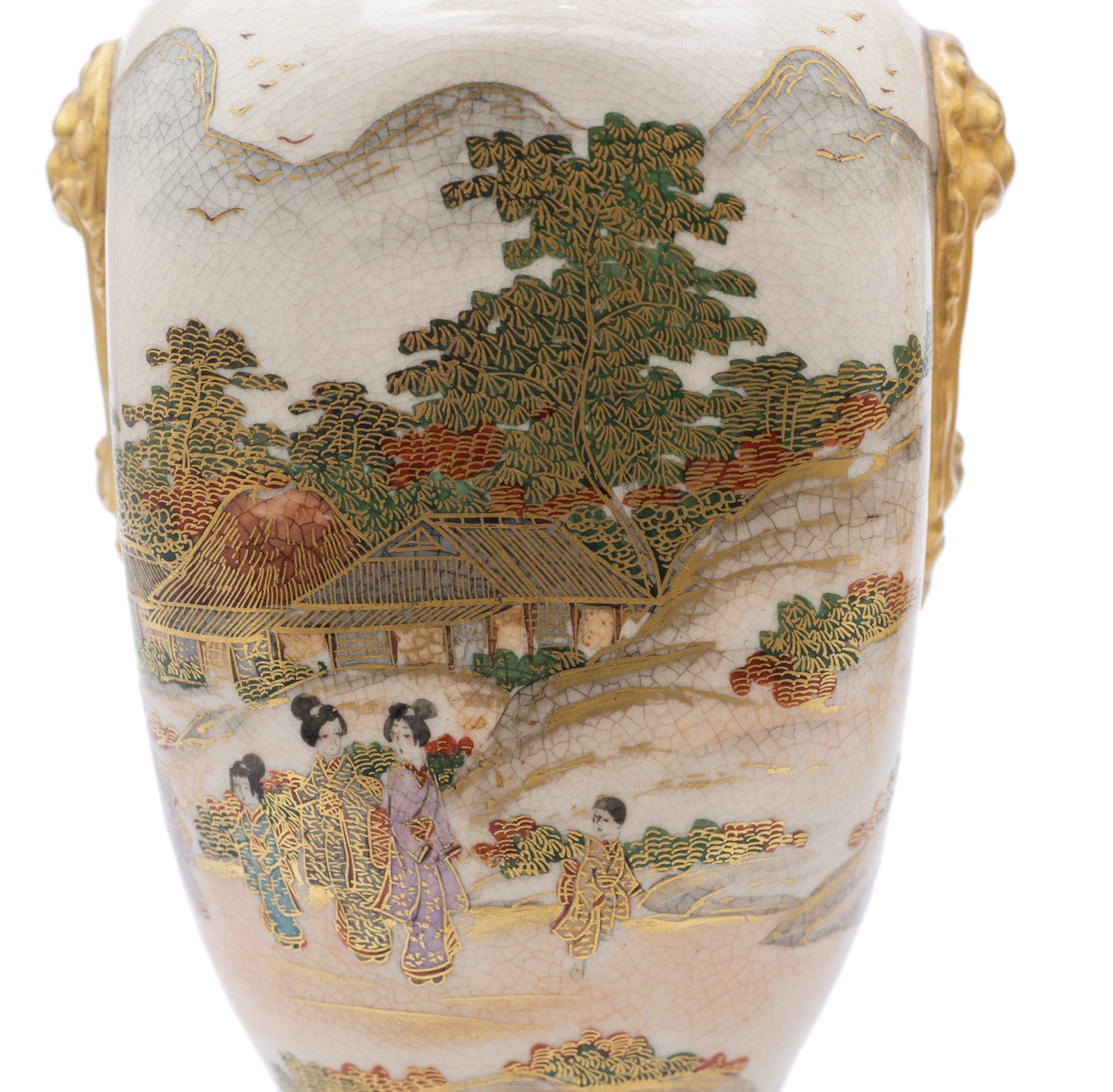 Pair Antique Satsuma Ware Pottery Vases by Hakusan - Japanese Meiji c1880 (Code 2473)