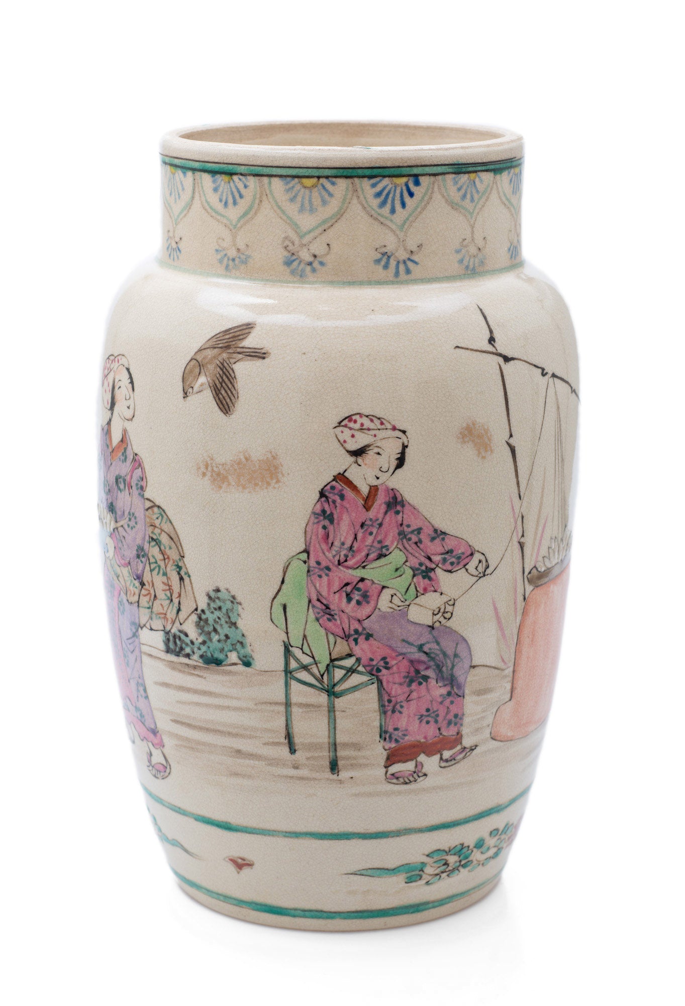 Japanese Satsuma Ware Vase with Large Female Characters & Birds by Yasuda (Code 2488)
