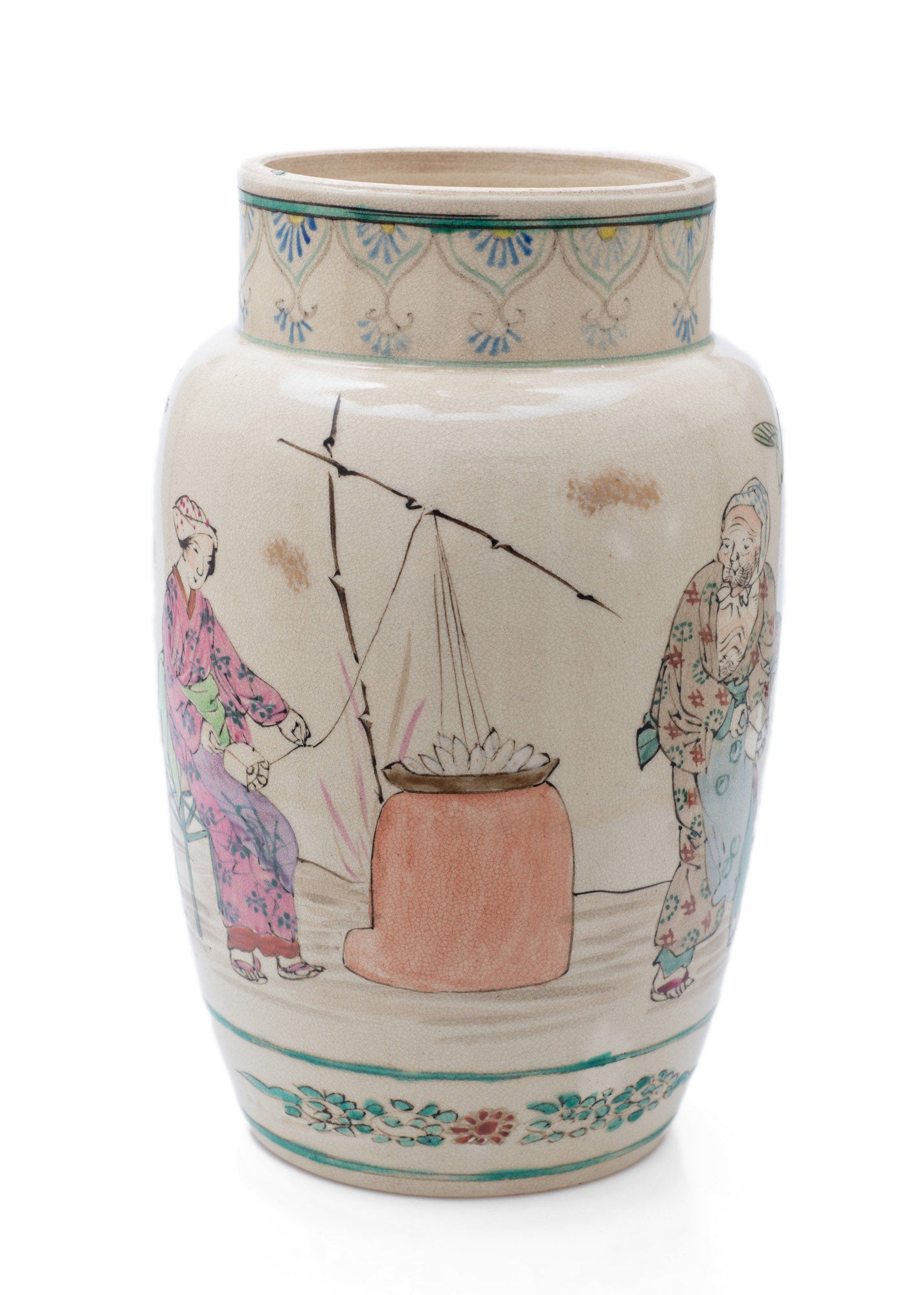 Japanese Satsuma Ware Vase with Large Female Characters & Birds by Yasuda (Code 2488)