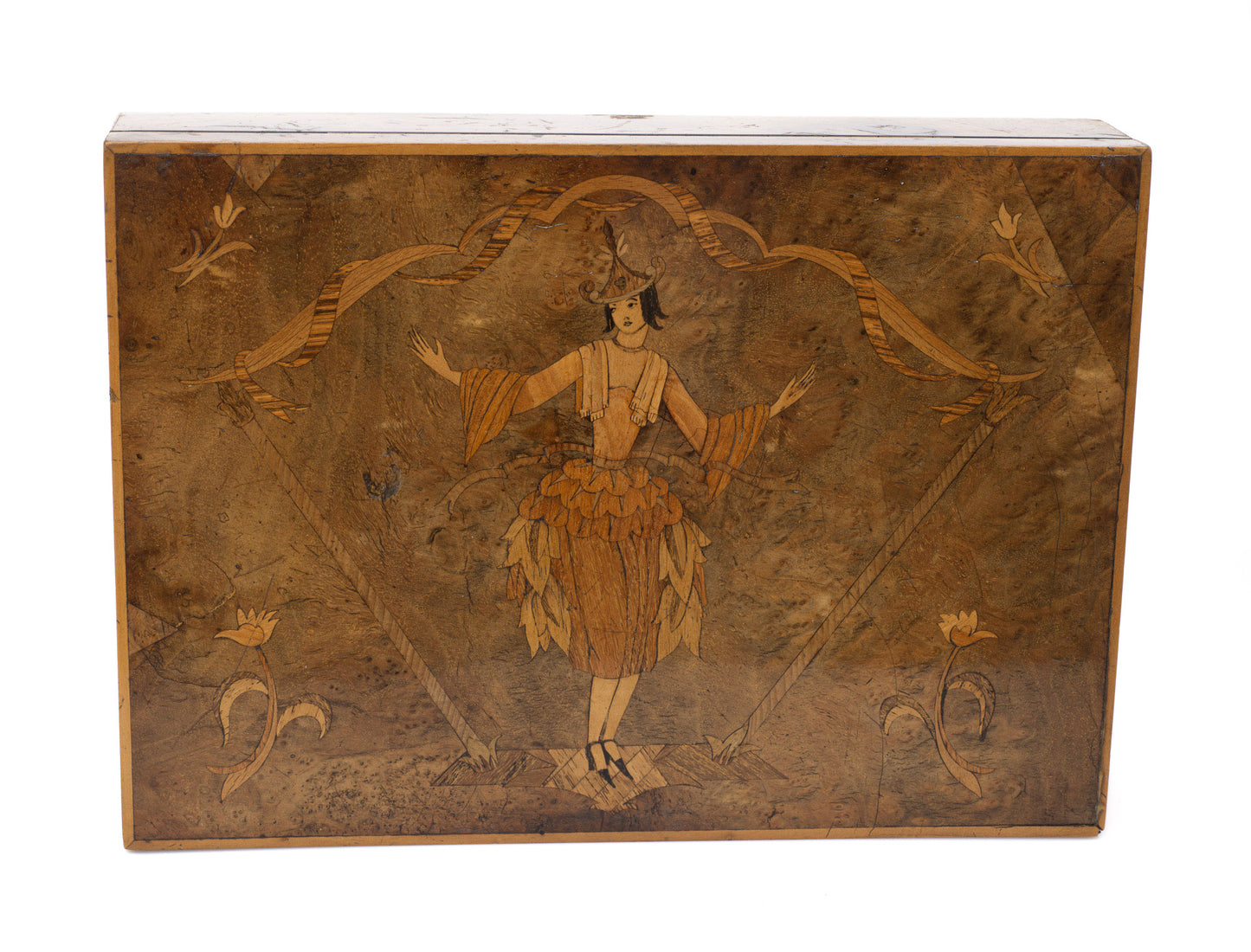 Antique Italian Olive Wood & Inlaid Lady Sorrento Ware Box with Lock c1920 (Code 2503)