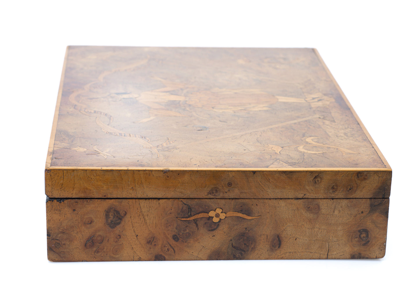 Antique Italian Olive Wood & Inlaid Lady Sorrento Ware Box with Lock c1920 (Code 2503)