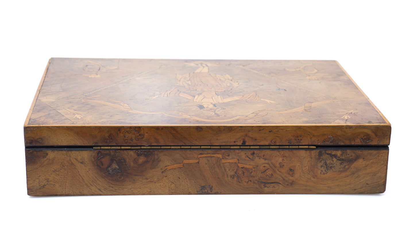 Antique Italian Olive Wood & Inlaid Lady Sorrento Ware Box with Lock c1920 (Code 2503)