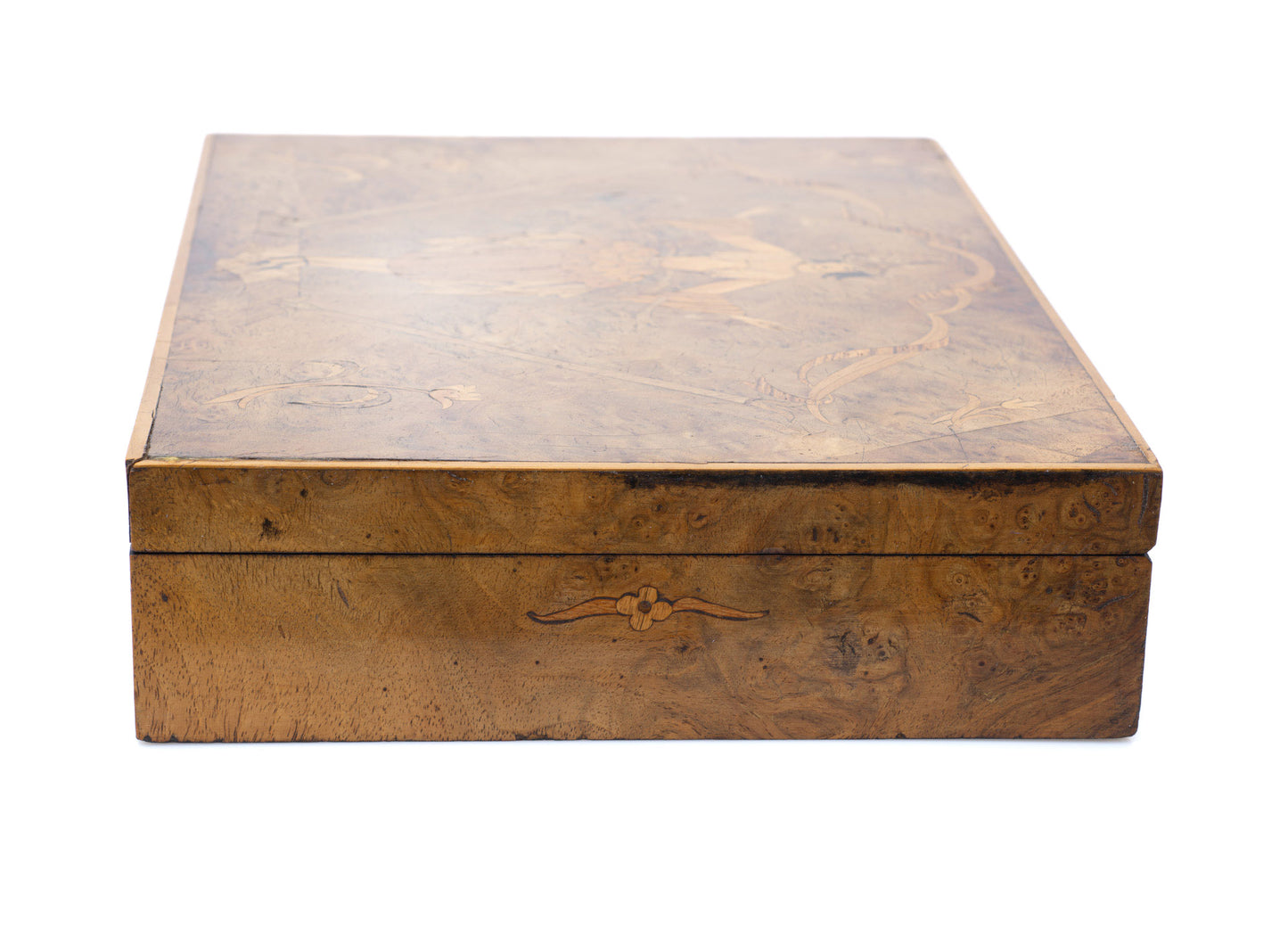 Antique Italian Olive Wood & Inlaid Lady Sorrento Ware Box with Lock c1920 (Code 2503)
