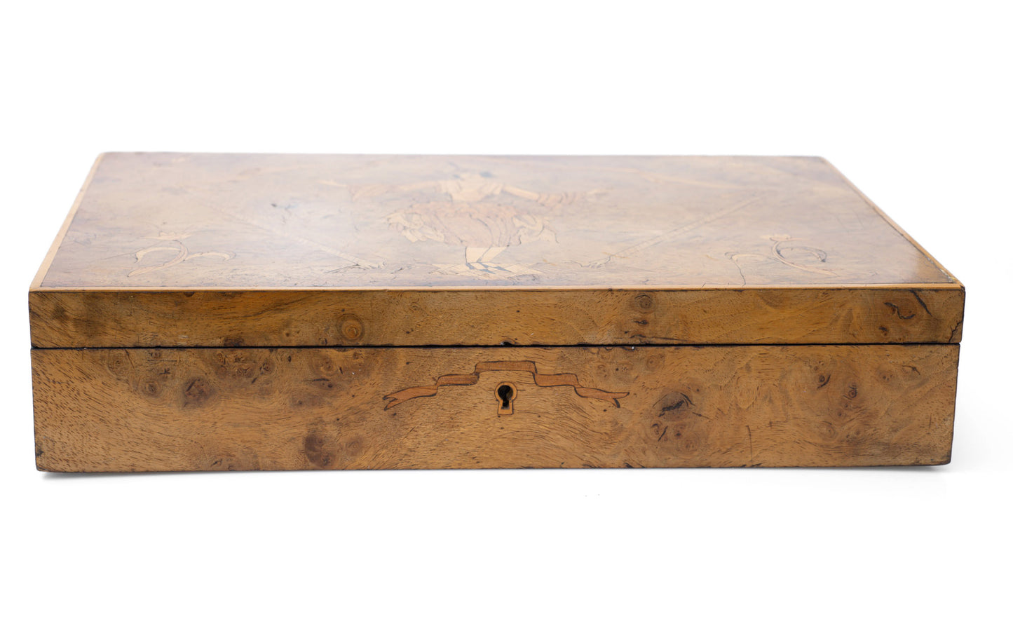 Antique Italian Olive Wood & Inlaid Lady Sorrento Ware Box with Lock c1920 (Code 2503)