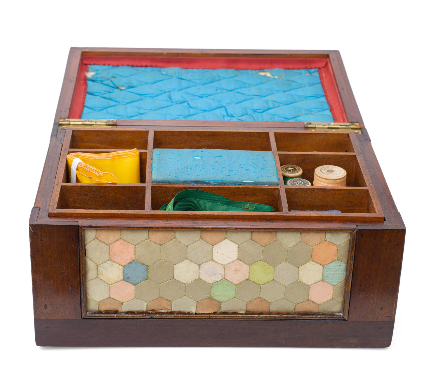 Antique Victorian Provincial Wood & Silk Patchwork Sewing / Work Box c1870 (Code 2504)