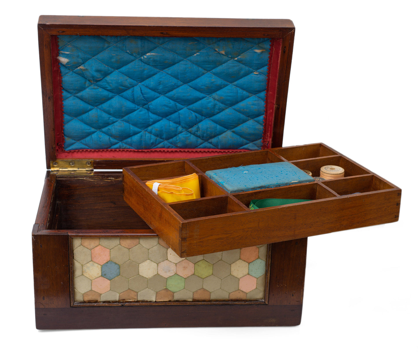 Antique Victorian Provincial Wood & Silk Patchwork Sewing / Work Box c1870 (Code 2504)