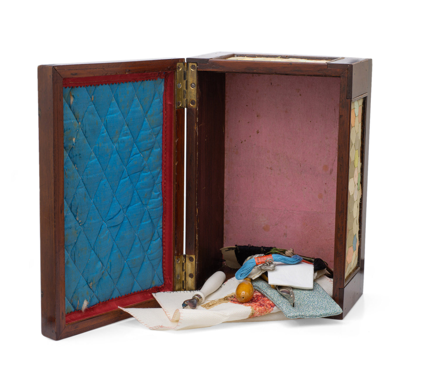 Antique Victorian Provincial Wood & Silk Patchwork Sewing / Work Box c1870 (Code 2504)