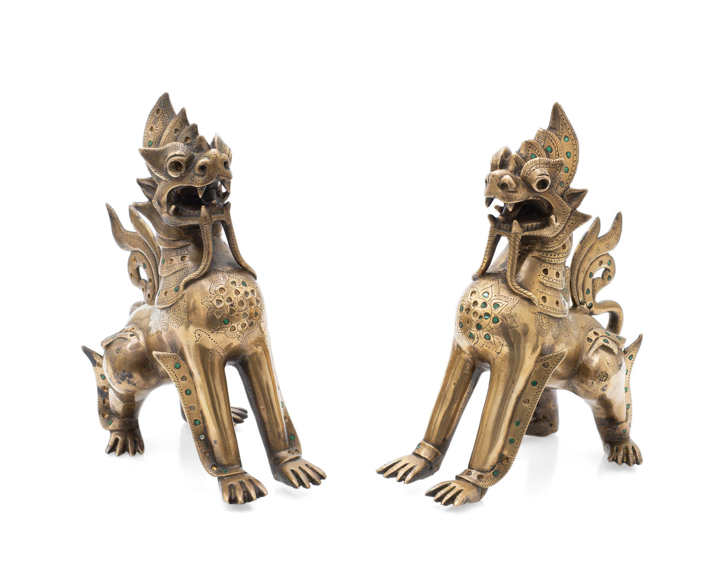 Pair Antique Burmese Cast Bronze Chinthe Temple Guardians with Glass Jewels (Code 2521)