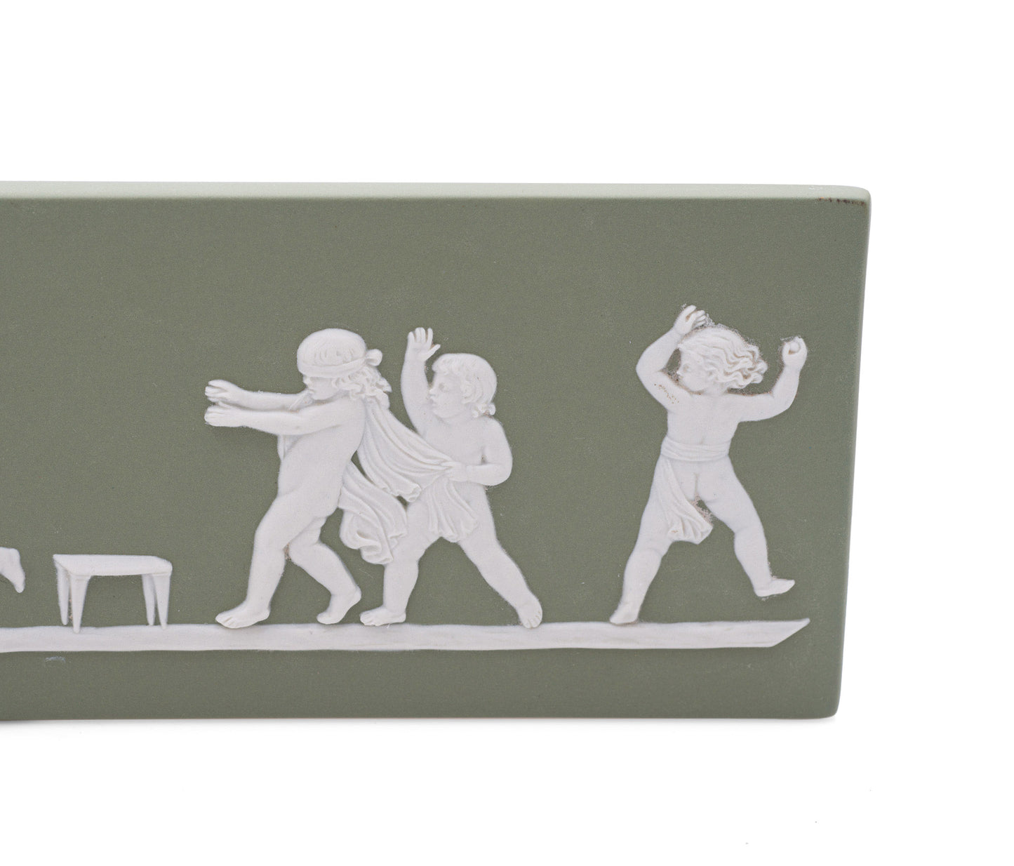 Vintage Wedgwood Green Jasperware Plaque Cherubs Playing Blind Mans Buff (Code 2525)