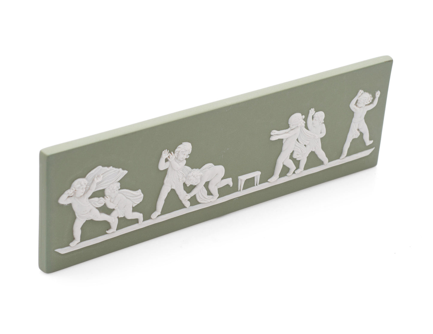 Vintage Wedgwood Green Jasperware Plaque Cherubs Playing Blind Mans Buff (Code 2525)