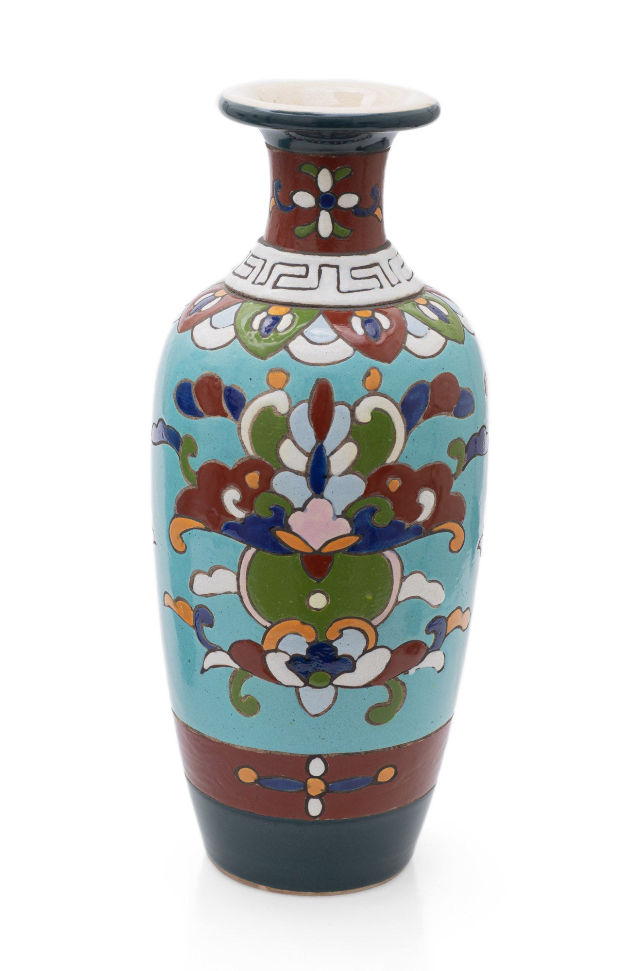 Rare Pair Antique Japanese Satsuma Pottery Cloisonne Design Vases, Meiji c1890 (Code 2527)