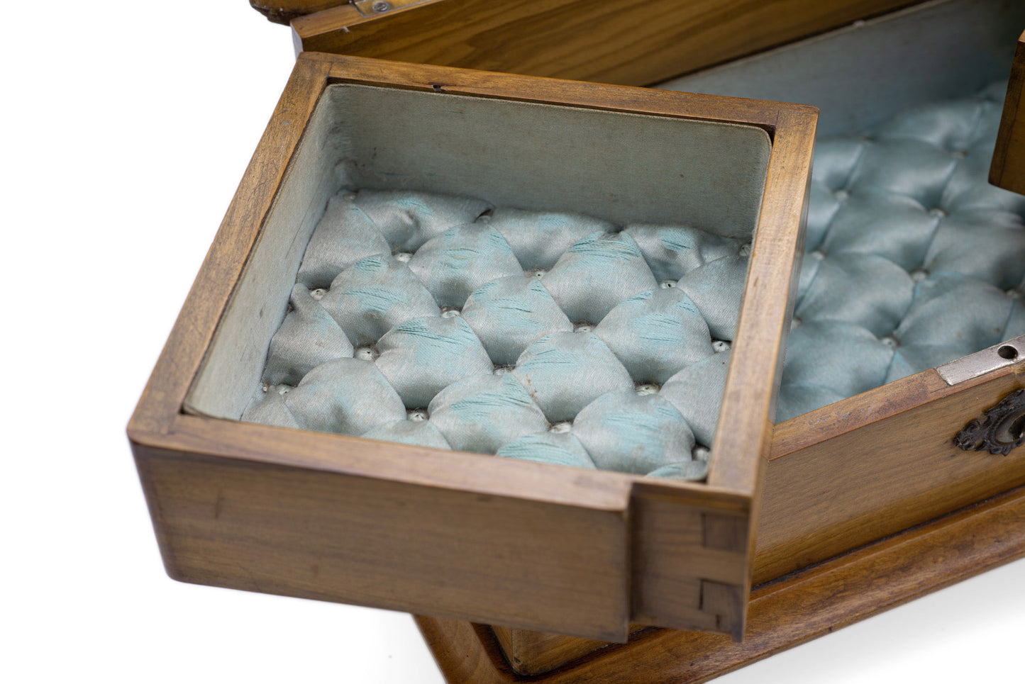 Antique Italian Olive Wood Jewellery Box with Swing Out Trays & Turned Feet (Code 2539)