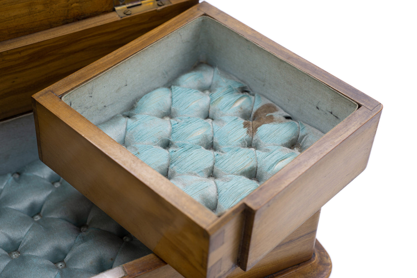 Antique Italian Olive Wood Jewellery Box with Swing Out Trays & Turned Feet (Code 2539)