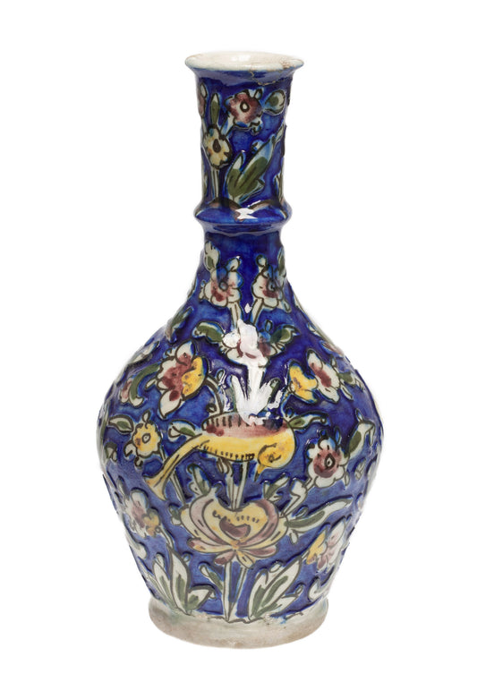 Antique Persian Qajar Carved Ground Vase in Cobalt Blue with Polychrome Birds (Code 2602)