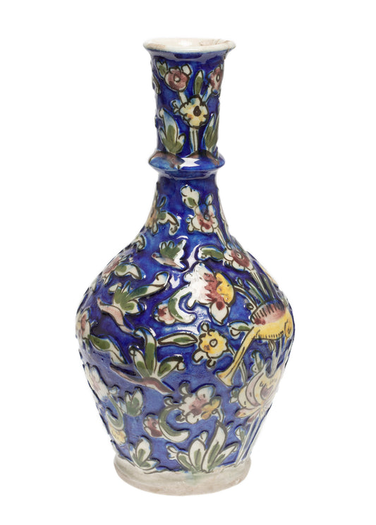 Antique Persian Qajar Carved Ground Vase in Cobalt Blue with Polychrome Birds (Code 2602)