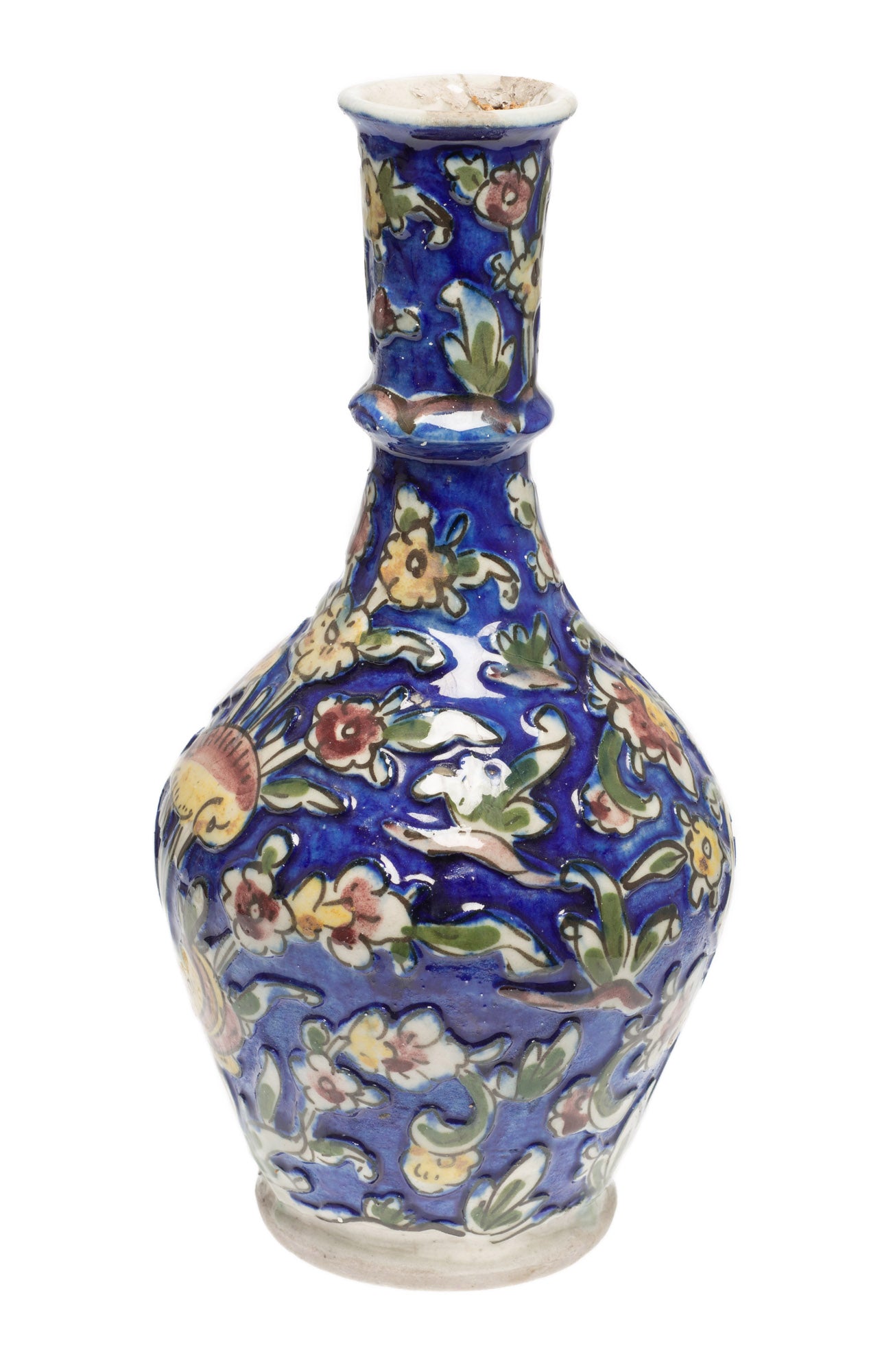 Antique Persian Qajar Carved Ground Vase in Cobalt Blue with Polychrome Birds (Code 2602)