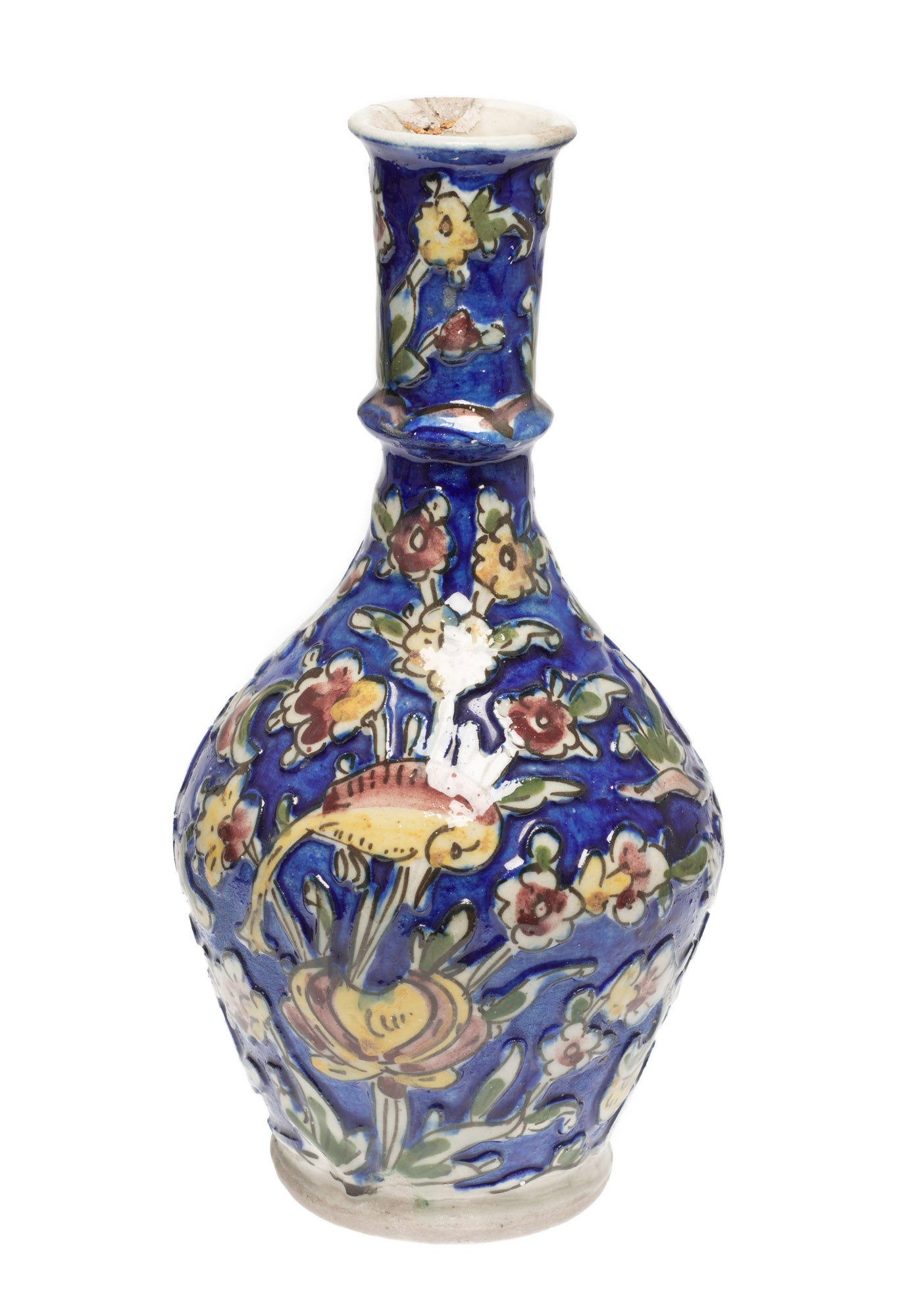 Antique Persian Qajar Carved Ground Vase in Cobalt Blue with Polychrome Birds (Code 2602)