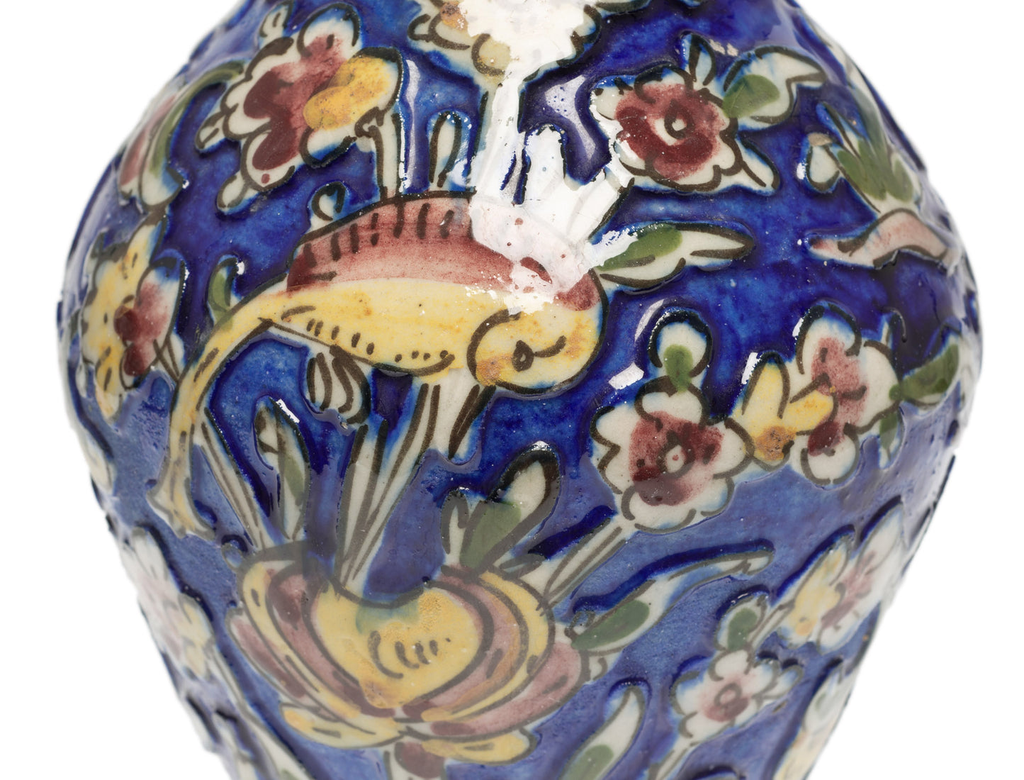 Antique Persian Qajar Carved Ground Vase in Cobalt Blue with Polychrome Birds (Code 2602)