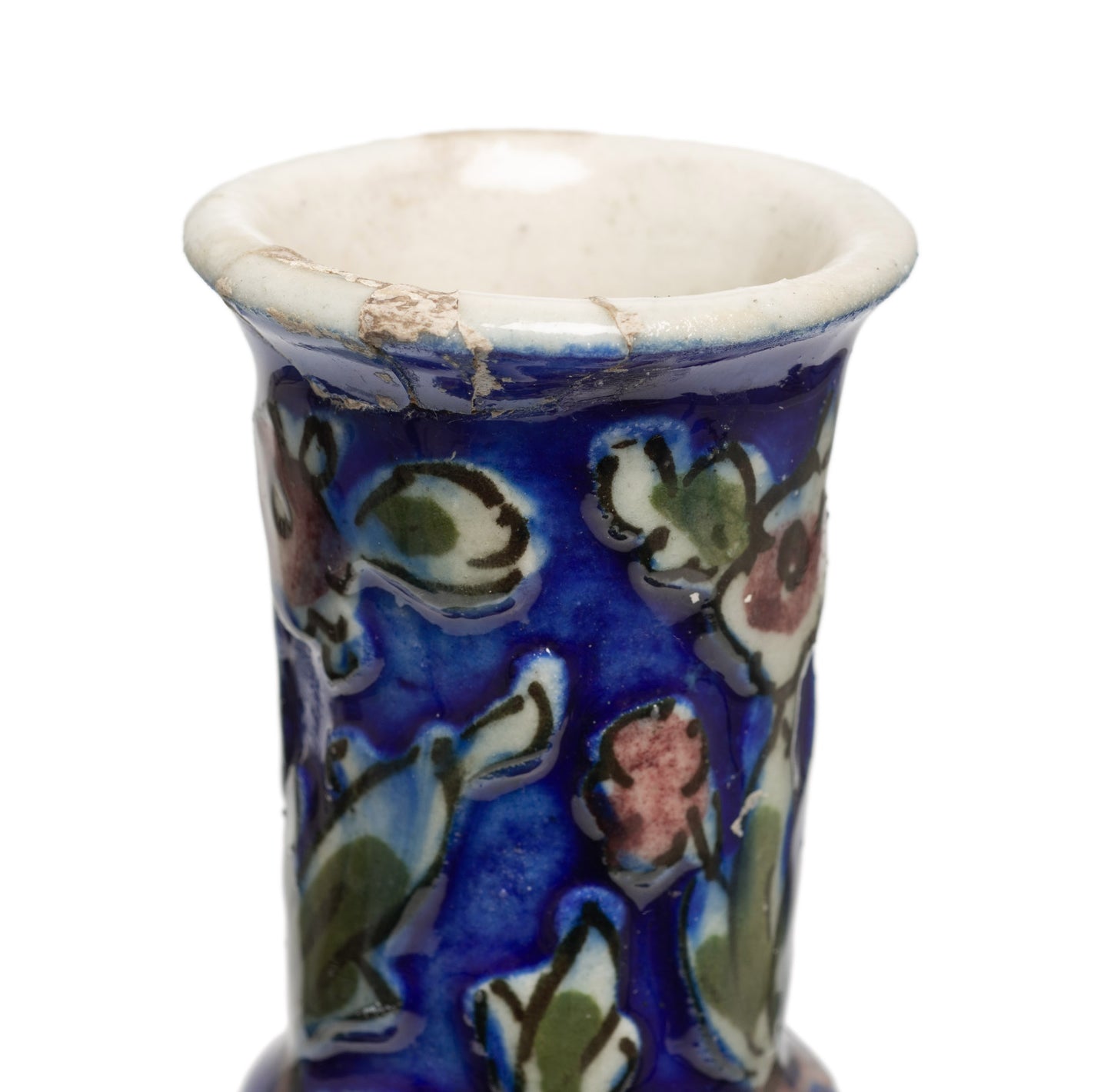 Antique Persian Qajar Carved Ground Vase in Cobalt Blue with Polychrome Birds (Code 2602)