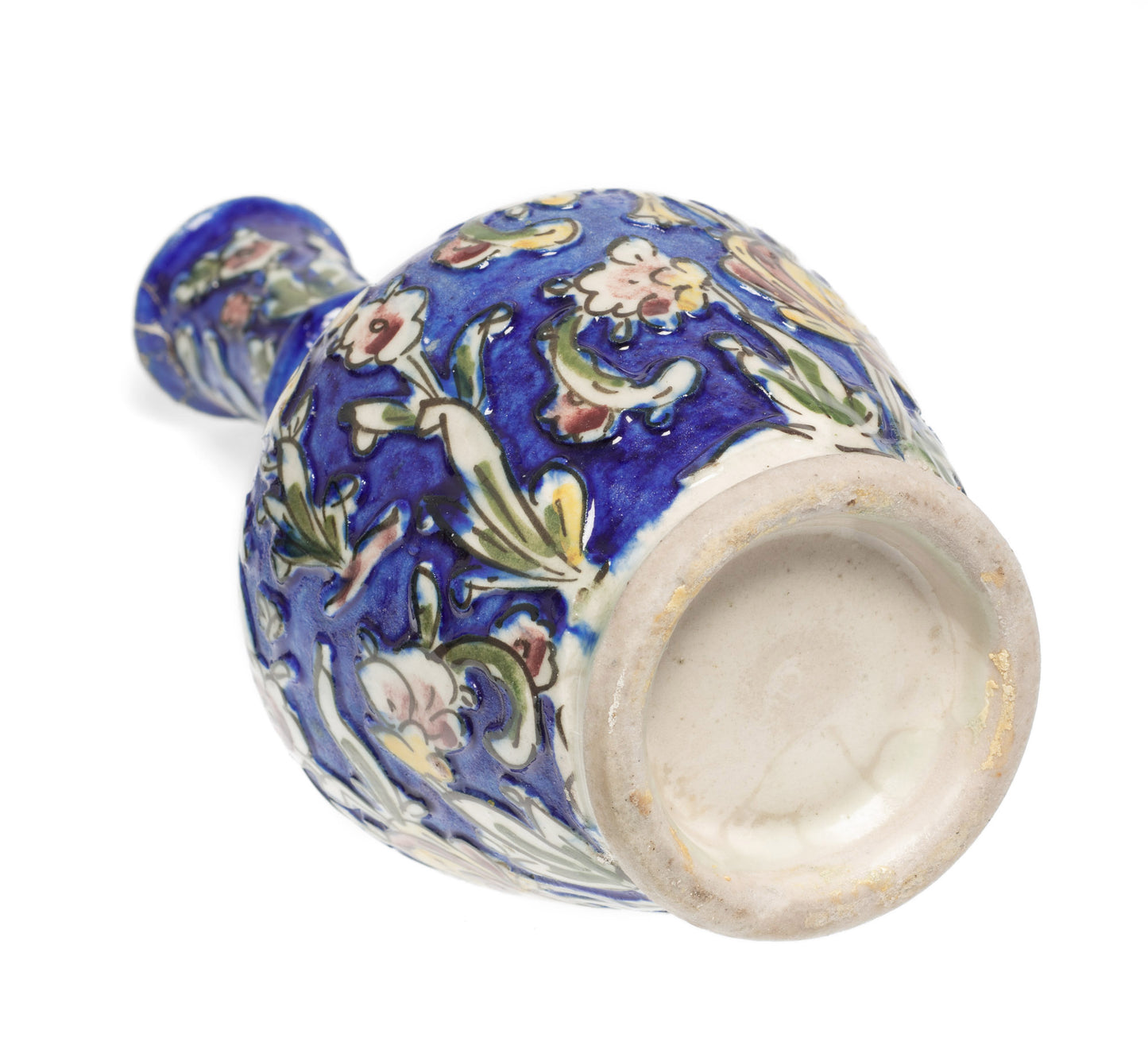 Antique Persian Qajar Carved Ground Vase in Cobalt Blue with Polychrome Birds (Code 2602)