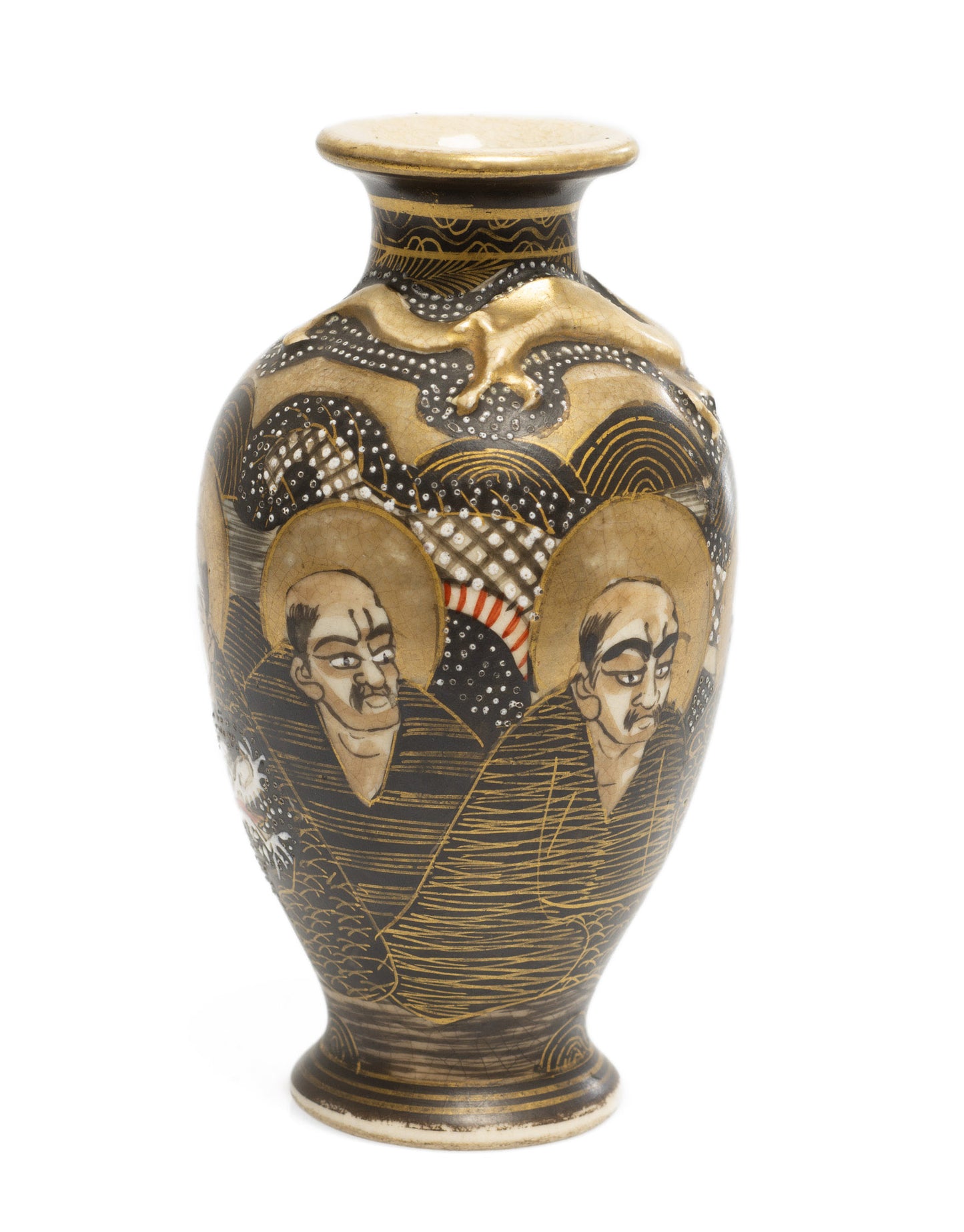 Antique Japanese Satsuma Ware Vase with Rakan & Dragon Signed Maruni (Code 2649)