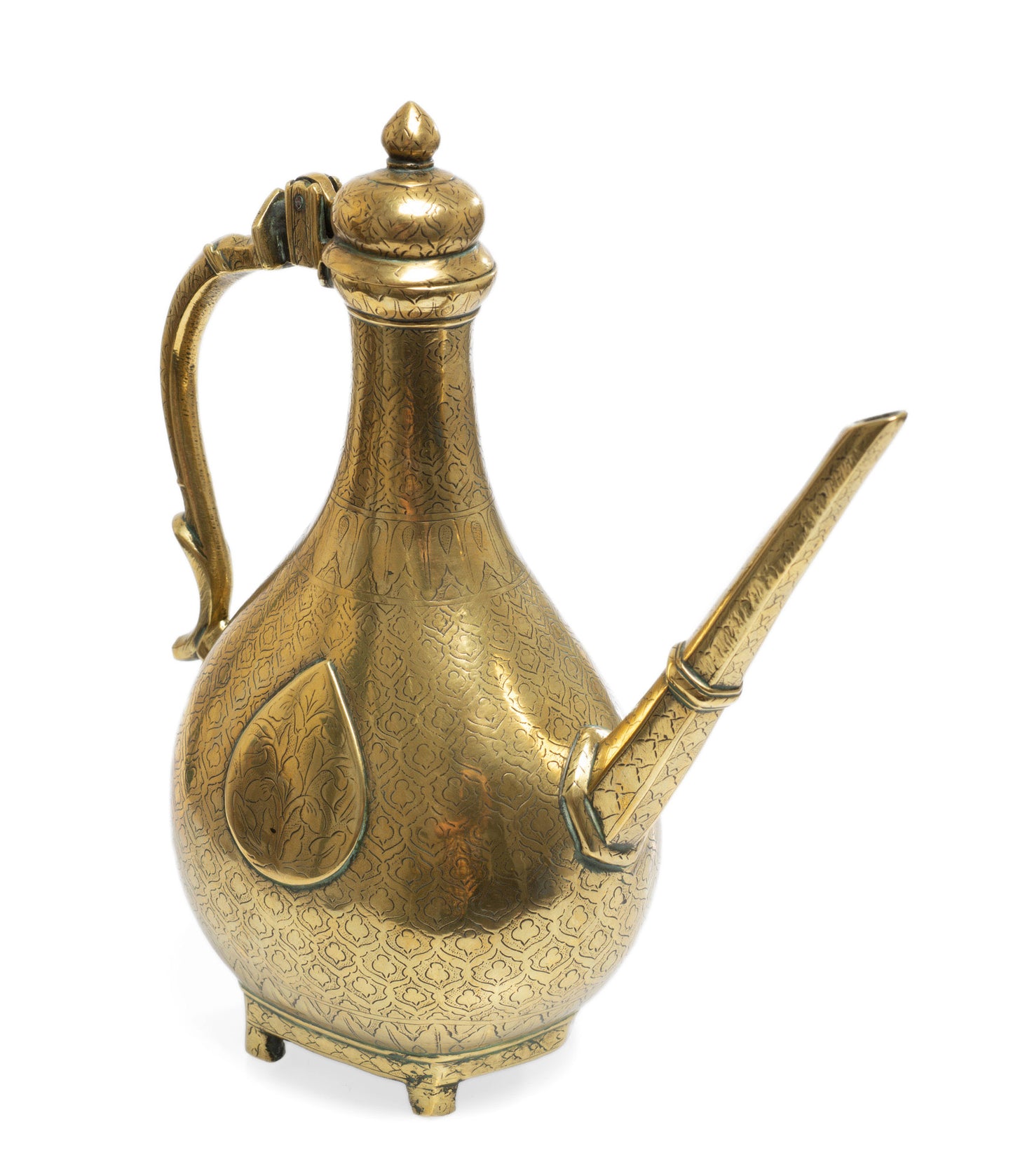Antique Mughal Indian Islamic Brass Aftaba Ewer Chased Leaves - 18th Century (Code 2653)