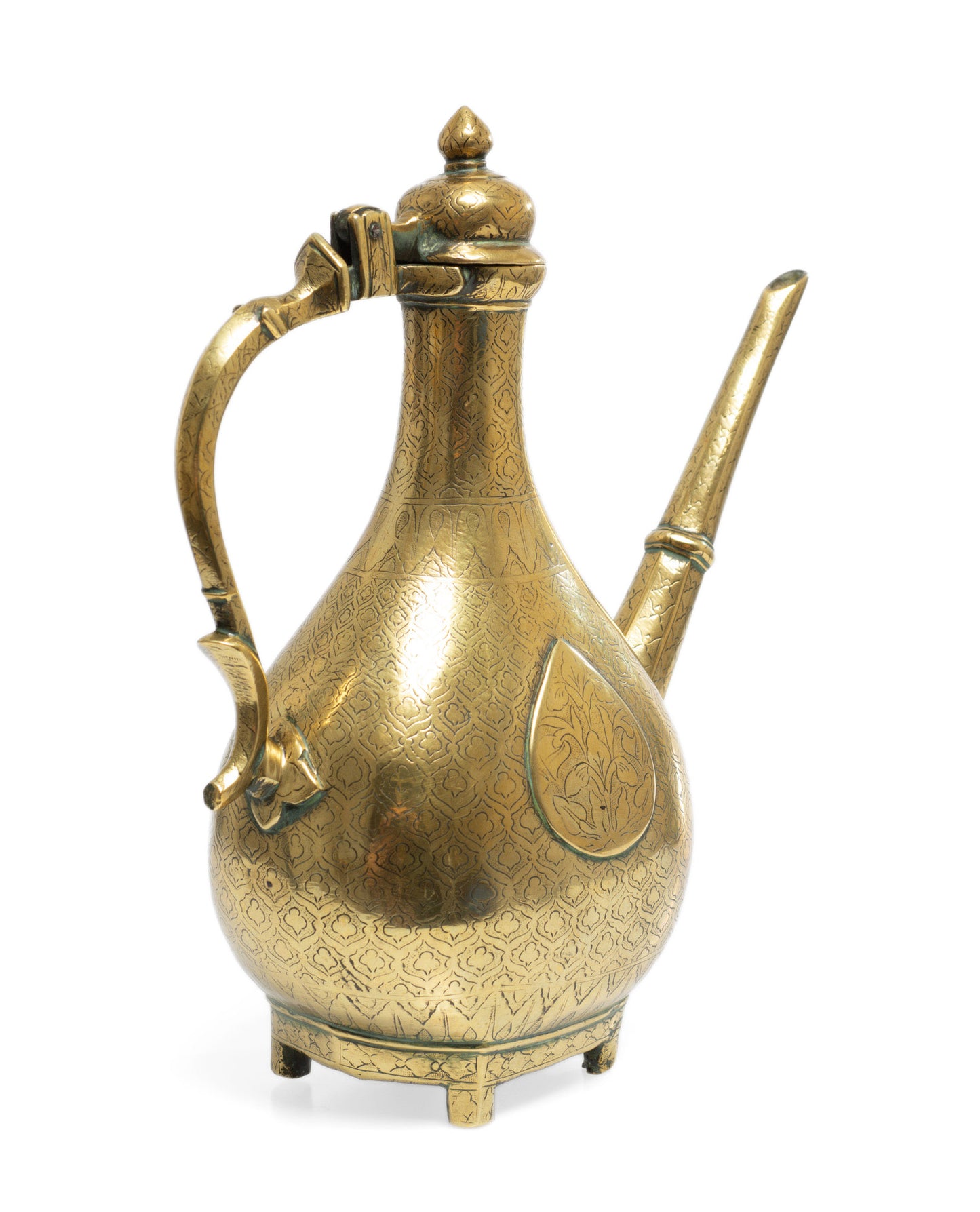 Antique Mughal Indian Islamic Brass Aftaba Ewer Chased Leaves - 18th Century (Code 2653)