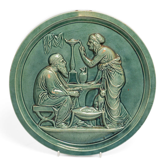 Antique Scottish Dunmore Pottery Green Majolica Plaque - Arabic Couple & Cat (Code 2666)