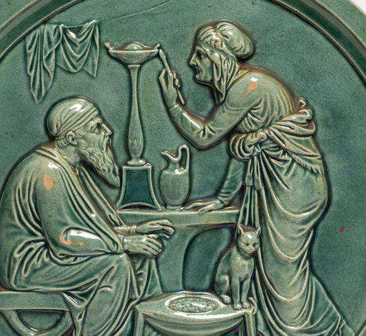 Antique Scottish Dunmore Pottery Green Majolica Plaque - Arabic Couple & Cat (Code 2666)