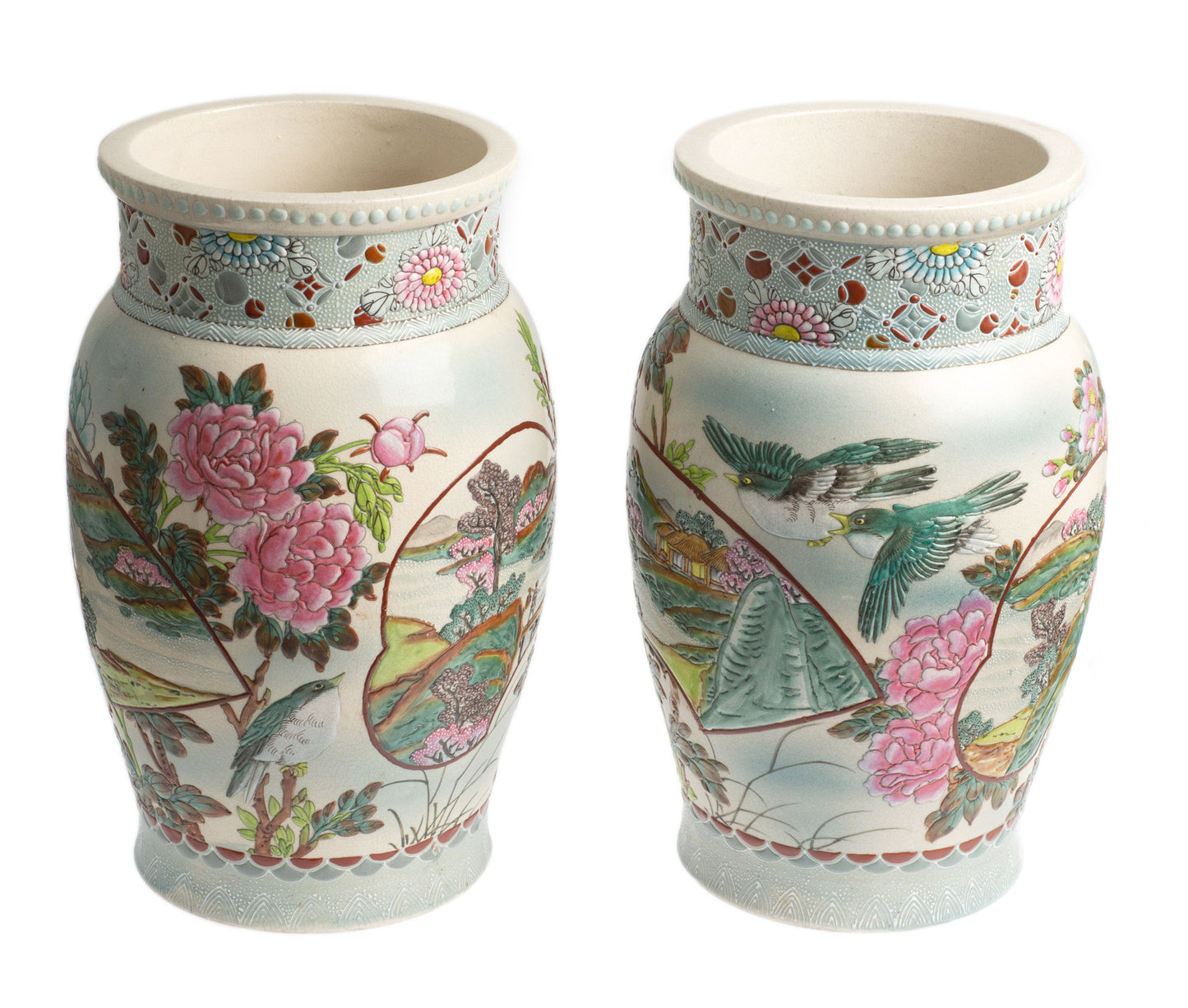 Antique Japanese Satsuma Moriage Vase Pair, Very Large Late Meiji, Prunus Blossom & Birds (Code 2685)