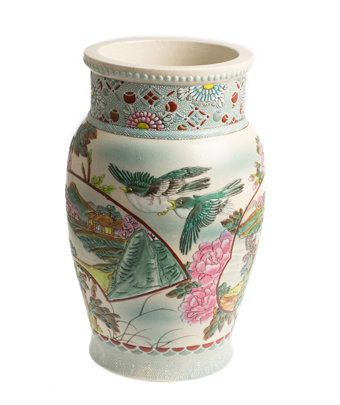 Antique Japanese Satsuma Moriage Vase Pair, Very Large Late Meiji, Prunus Blossom & Birds (Code 2685)