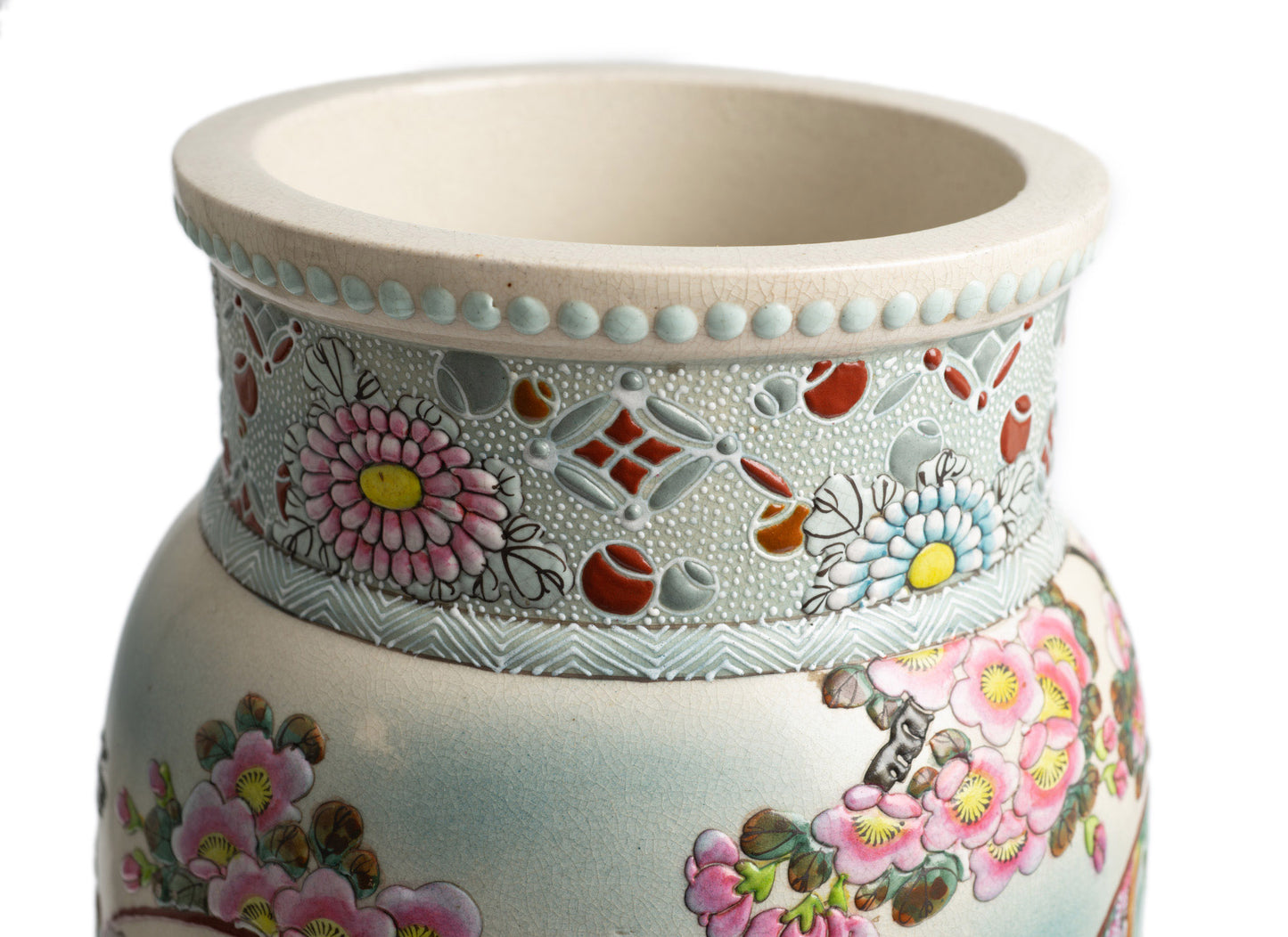Antique Japanese Satsuma Moriage Vase Pair, Very Large Late Meiji, Prunus Blossom & Birds (Code 2685)