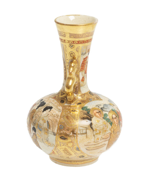 Antique Japanese Meiji Period Minitaure Satsuma Vase with Rakan & Handles c1900 (Code 2725)