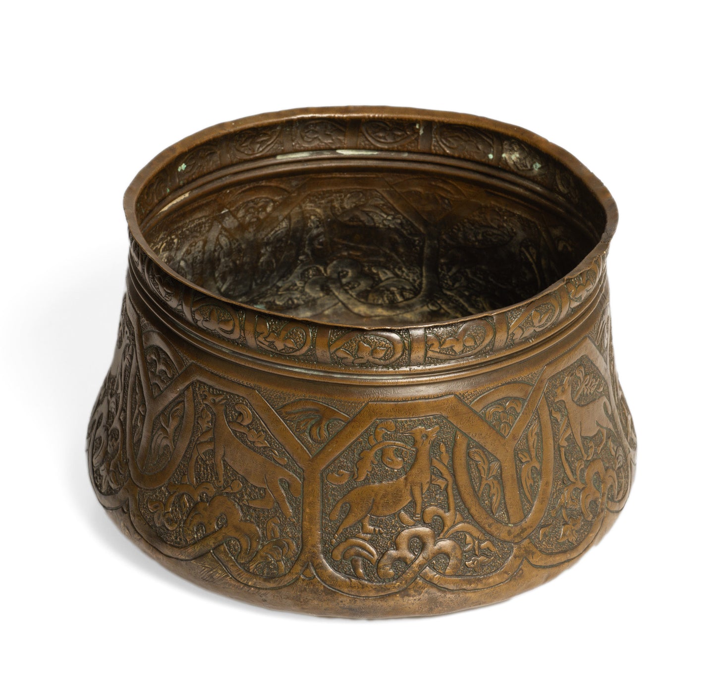 Antique Persian Copper Artisan Hand Made Vessel with Antelope Decoration (Code 2767)