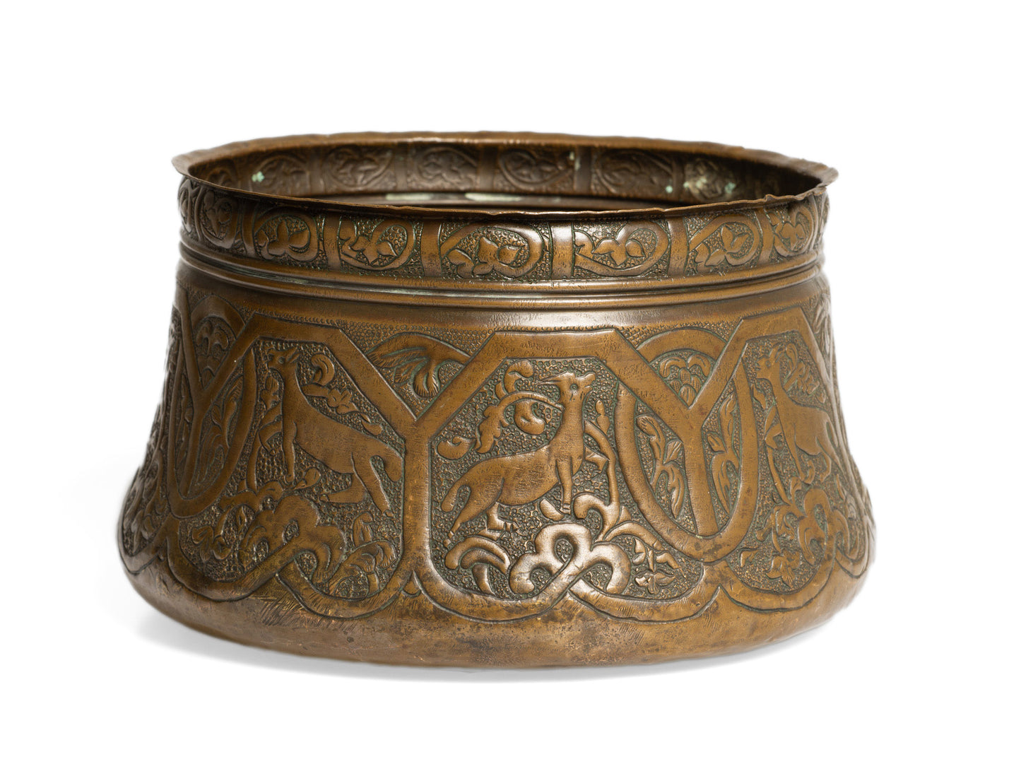Antique Persian Copper Artisan Hand Made Vessel with Antelope Decoration (Code 2767)