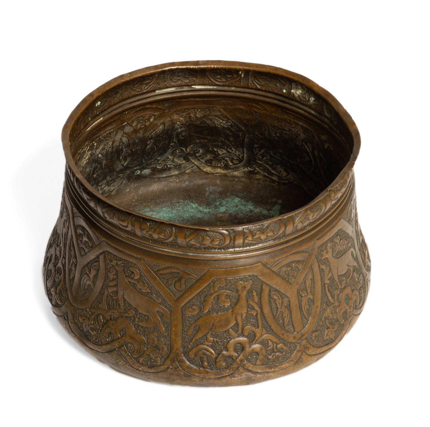 Antique Persian Copper Artisan Hand Made Vessel with Antelope Decoration (Code 2767)