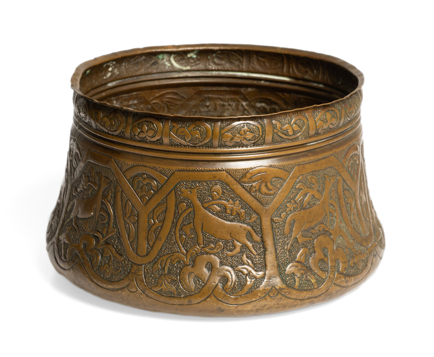 Antique Persian Copper Artisan Hand Made Vessel with Antelope Decoration (Code 2767)