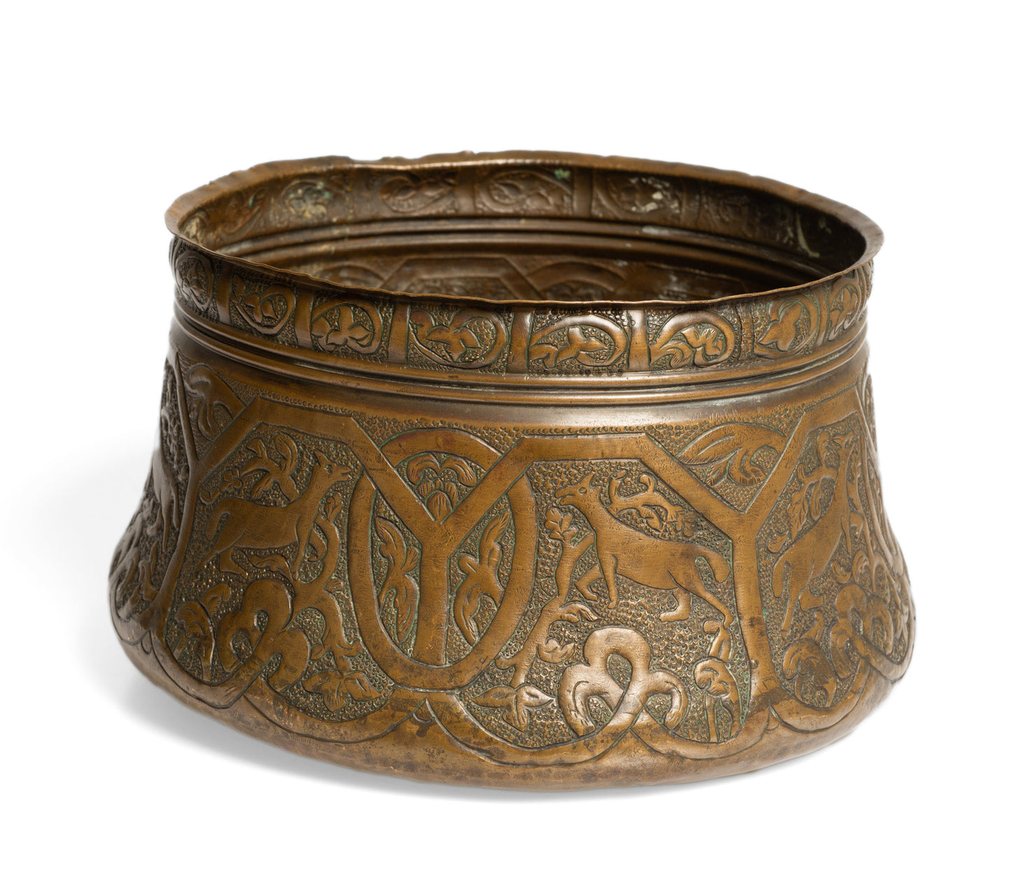 Antique Persian Copper Artisan Hand Made Vessel with Antelope Decoration (Code 2767)