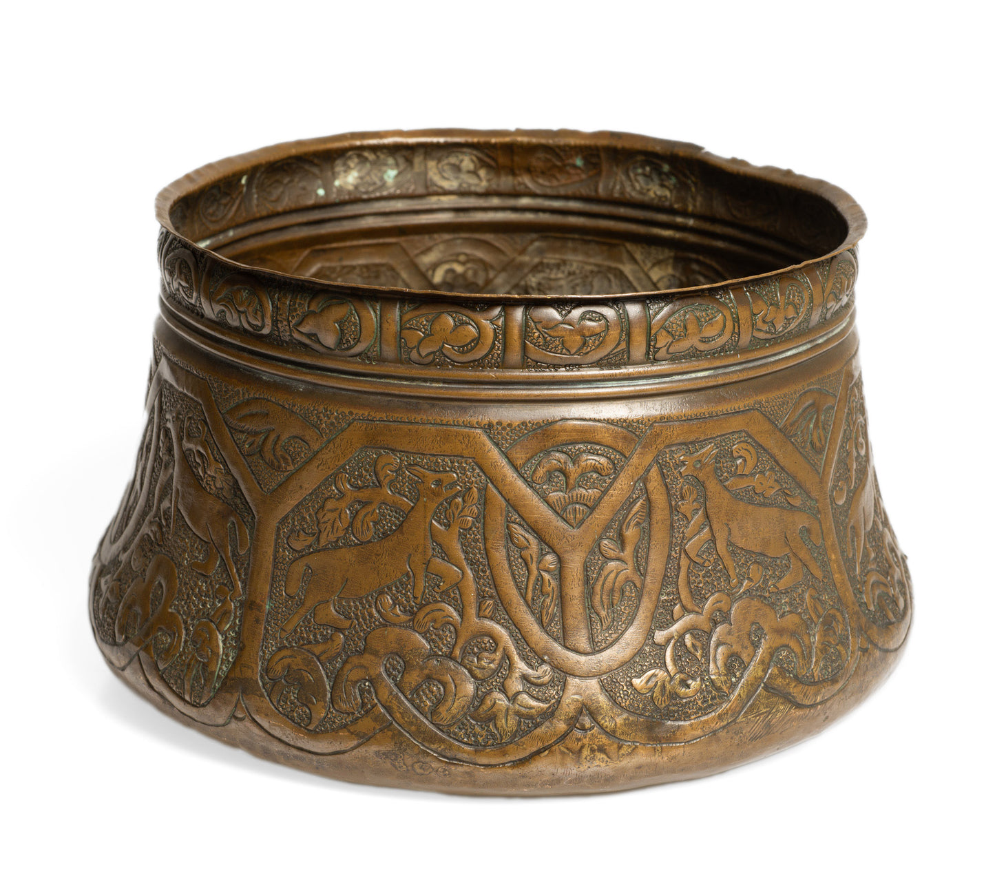 Antique Persian Copper Artisan Hand Made Vessel with Antelope Decoration (Code 2767)