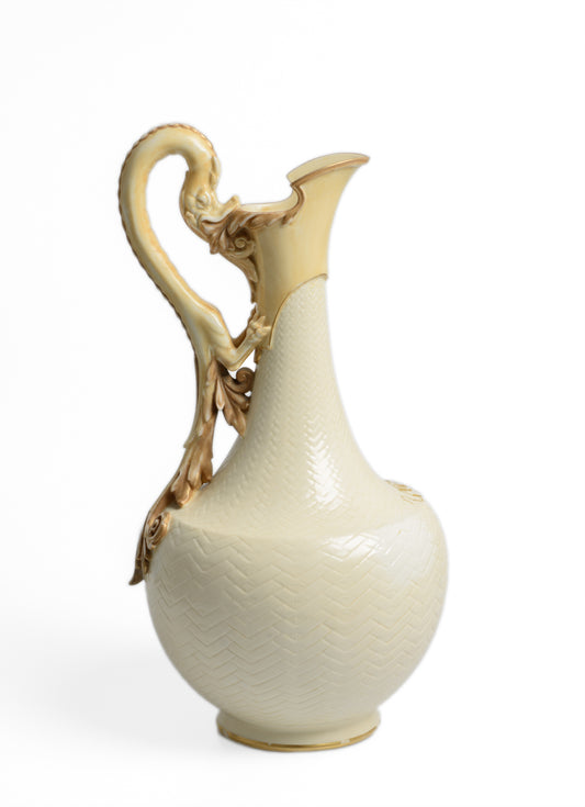 Antique Royal Worcester Wyvern Handle Ivory Glaze Scale Jug / Vase - Victorian (Code 2788)