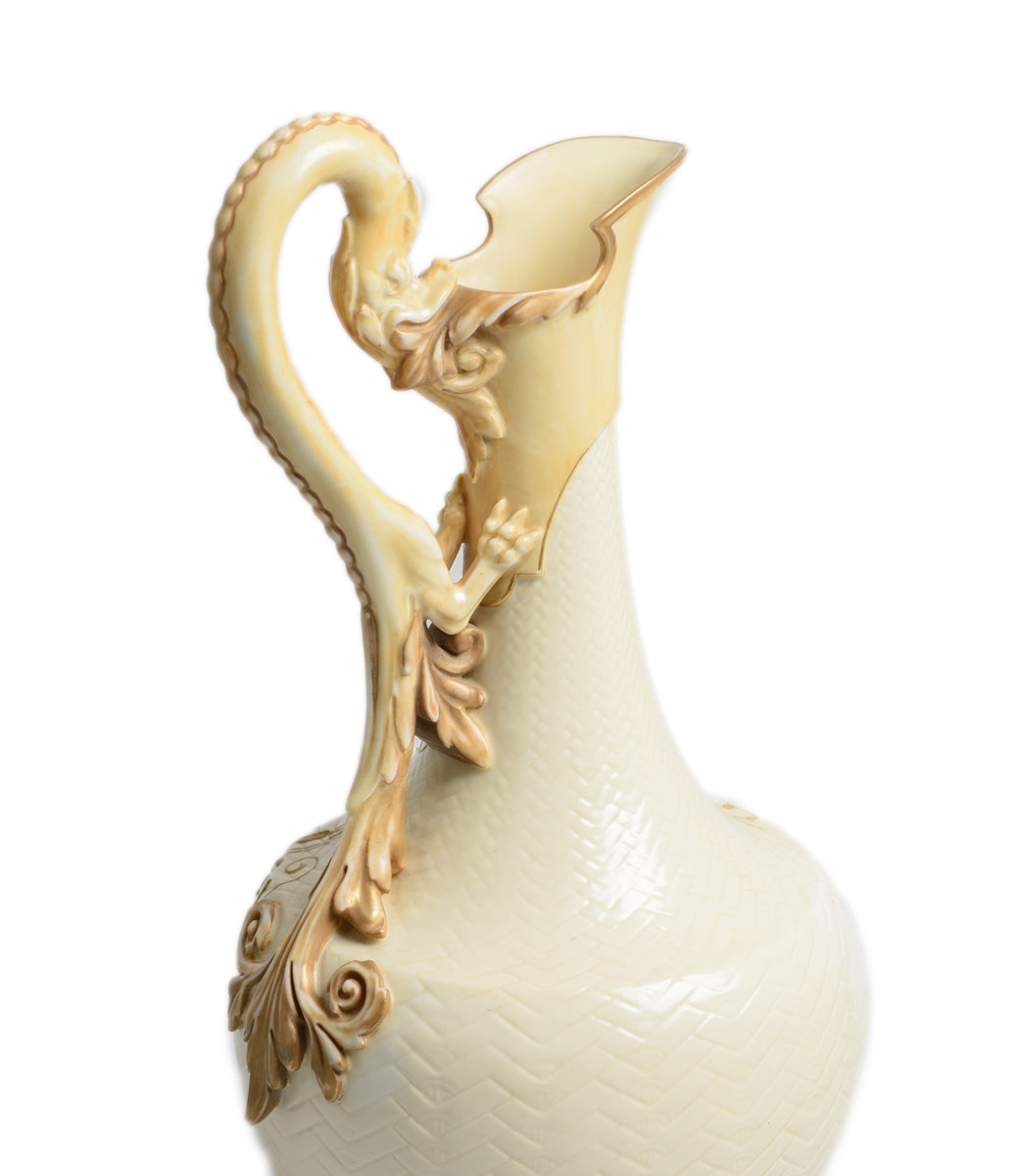 Antique Royal Worcester Wyvern Handle Ivory Glaze Scale Jug / Vase - Victorian (Code 2788)