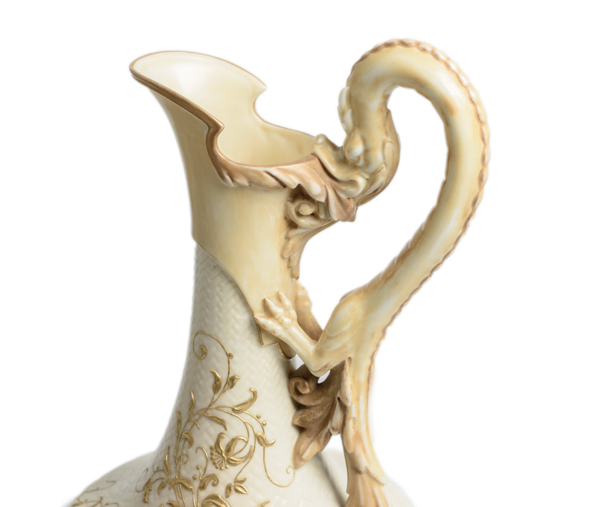 Antique Royal Worcester Wyvern Handle Ivory Glaze Scale Jug / Vase - Victorian (Code 2788)
